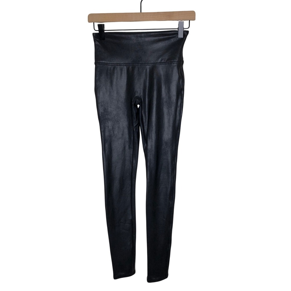 SPANX‎ Women's Black FAUX LEATHER Leggings Size SMALL Stretch High Waist